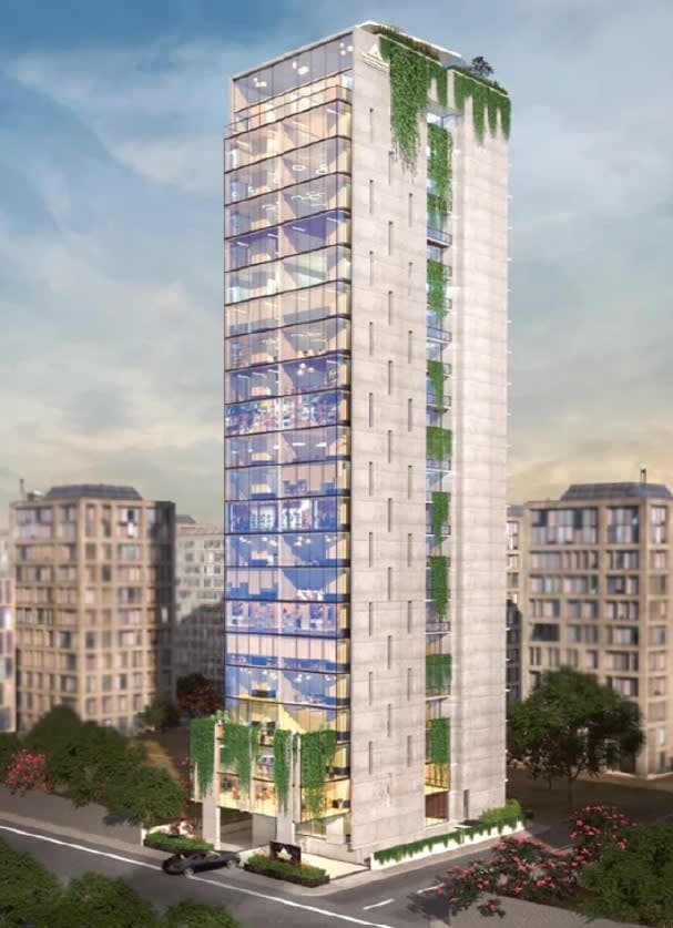 This is a modern high-rise commercial tower