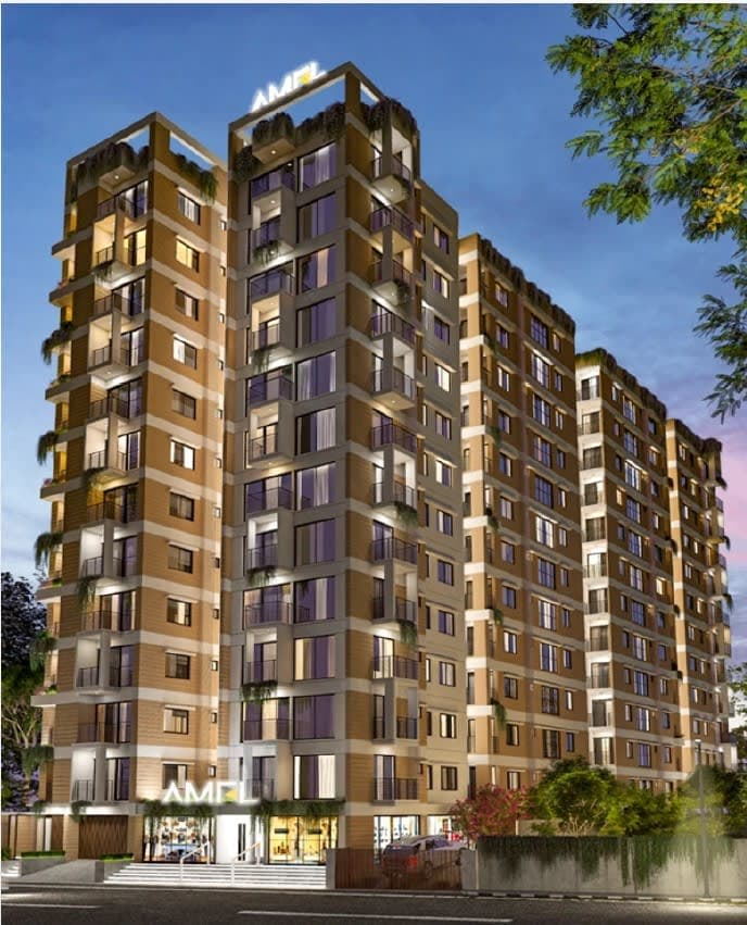 Evergreen Hasnabad is a modern multi-tower residential complex featuring several high-rise apartment blocks arranged around a central landscaped courtyard.