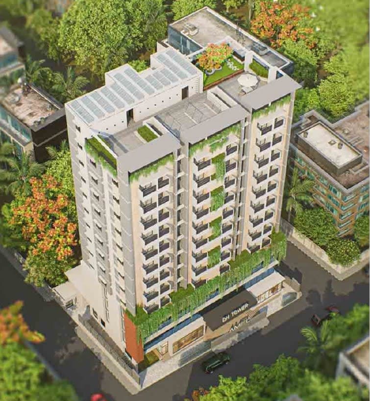 DH Tower is a mid-to-high-rise residential building featuring a multi-block massing with stepped roof terraces, extensive balconies, and integrated greenery.